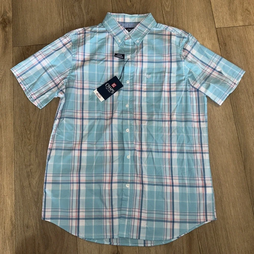Chaps Men's Everyday Classic S/S Button‎ Down Plaid Shirt Pastel Stretch Med NWT